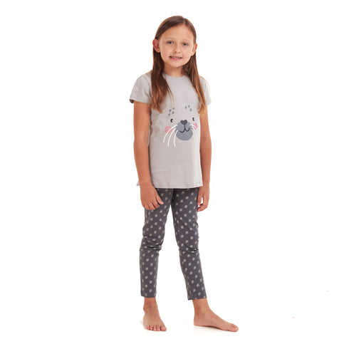 Girls summer pajama set Seal t-shirt + Dark grey leggings